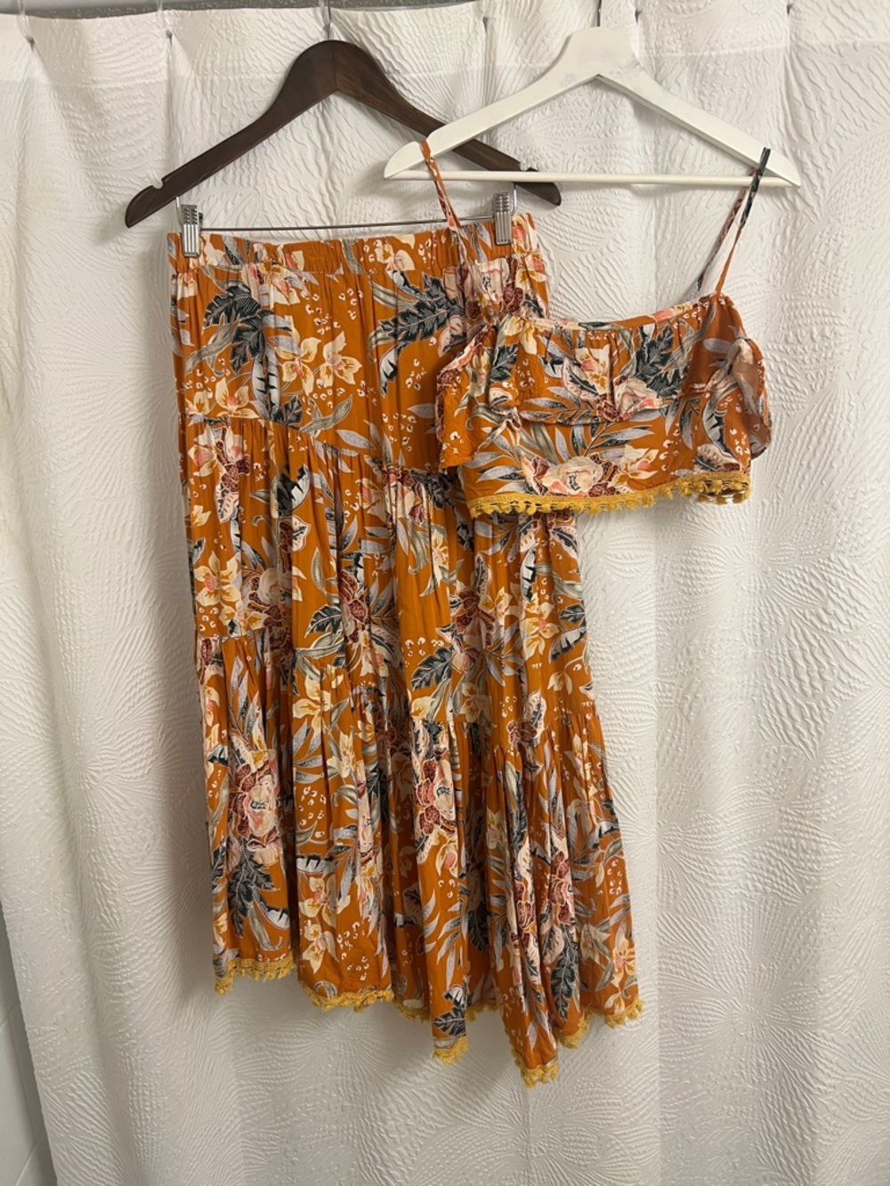 Jaase Mustard Floral Tiered Maxi Skirt with Matching Cropped Top